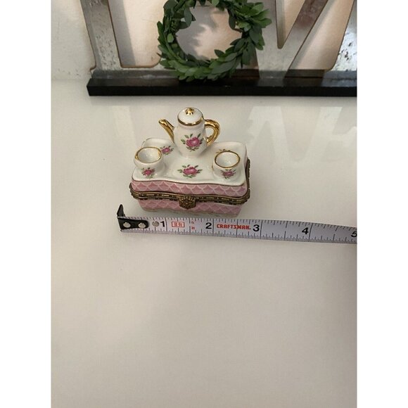 Vintage China Tea Time Trinket or Pill Box Pink Roses Teapot Teacups Not Hinged - Picture 9 of 16